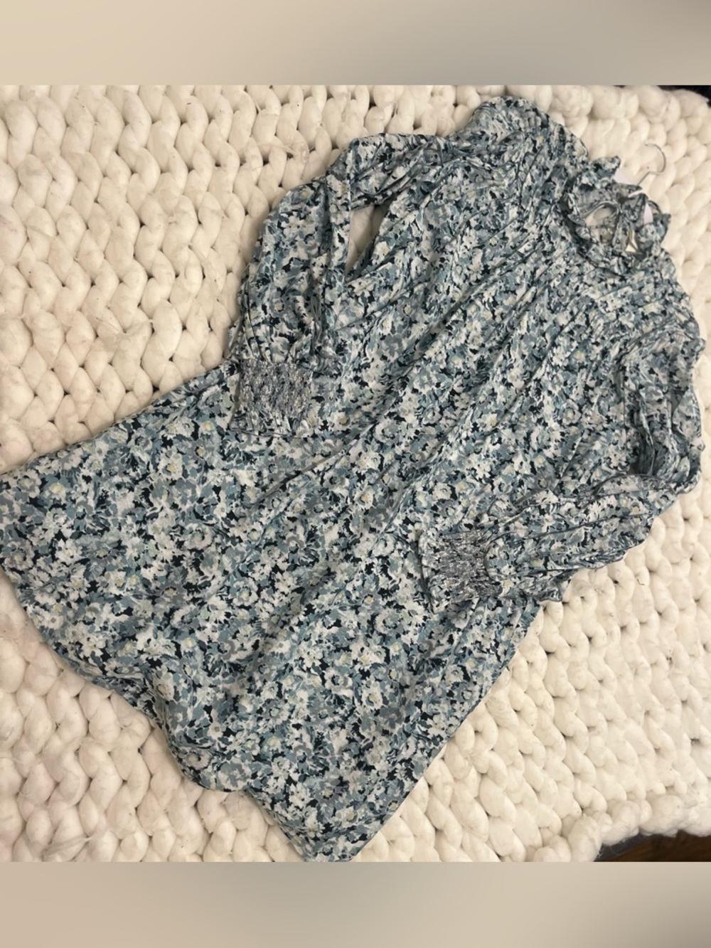 H&M Blue and White Floral Tie-Neck Blouse